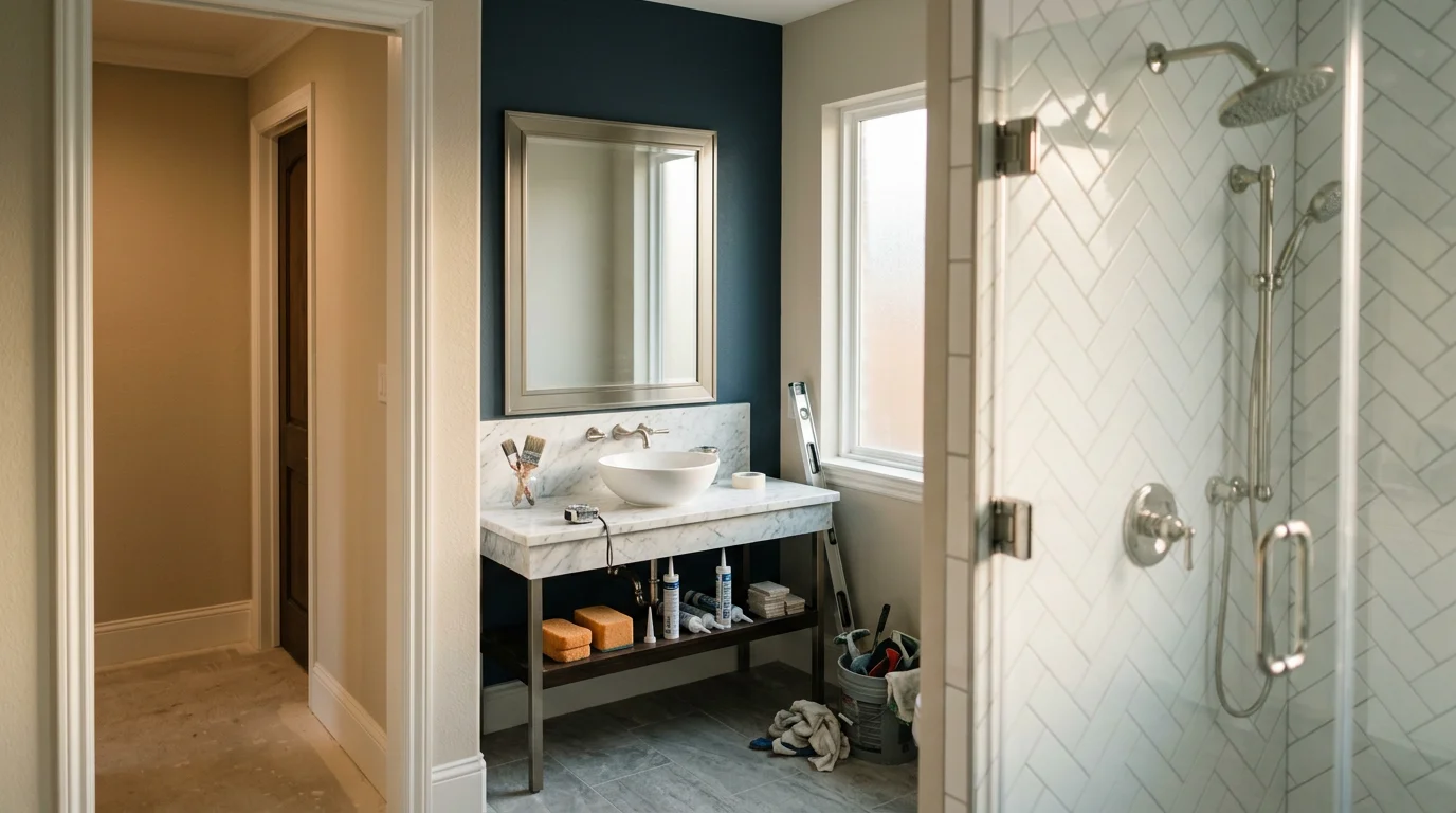 Renovated bathroom with tile shower and modern fixtures