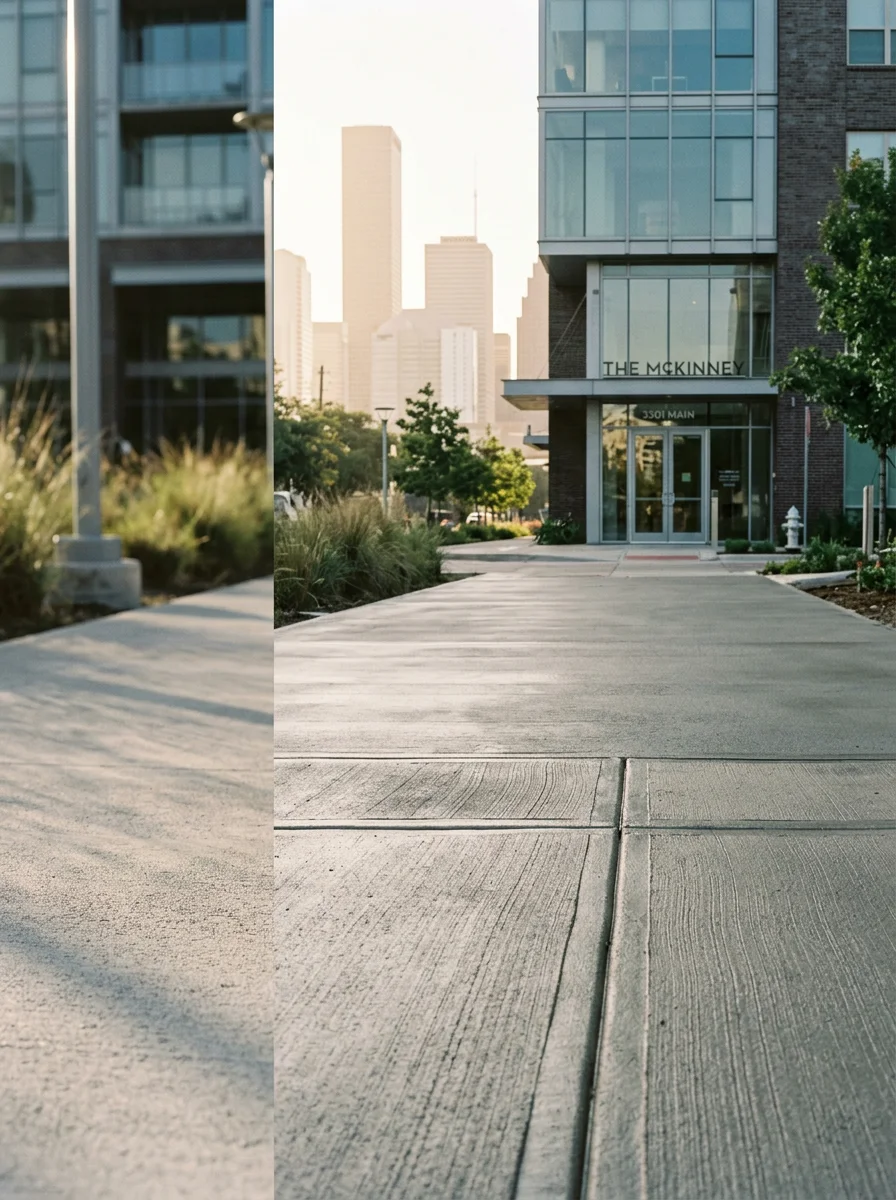 A freshly poured concrete walkway outside a Downtown Houston mixed-use building, with the city skyline visible in the distance.