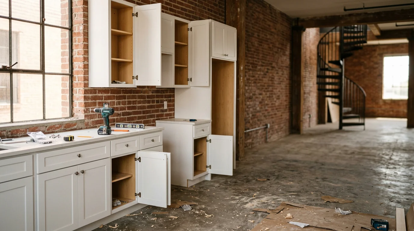 A kitchen remodel in progress inside a Downtown Houston loft conversion, showing new cabinetry installation with exposed brick walls visible in the background.