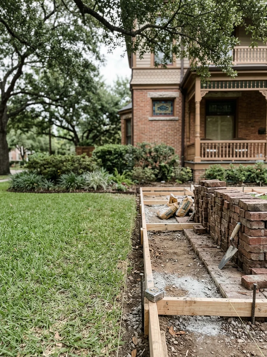 A concrete walkway replacement in progress at a Houston Heights Victorian home, with the original brick path removed and new forms set along the front yard.