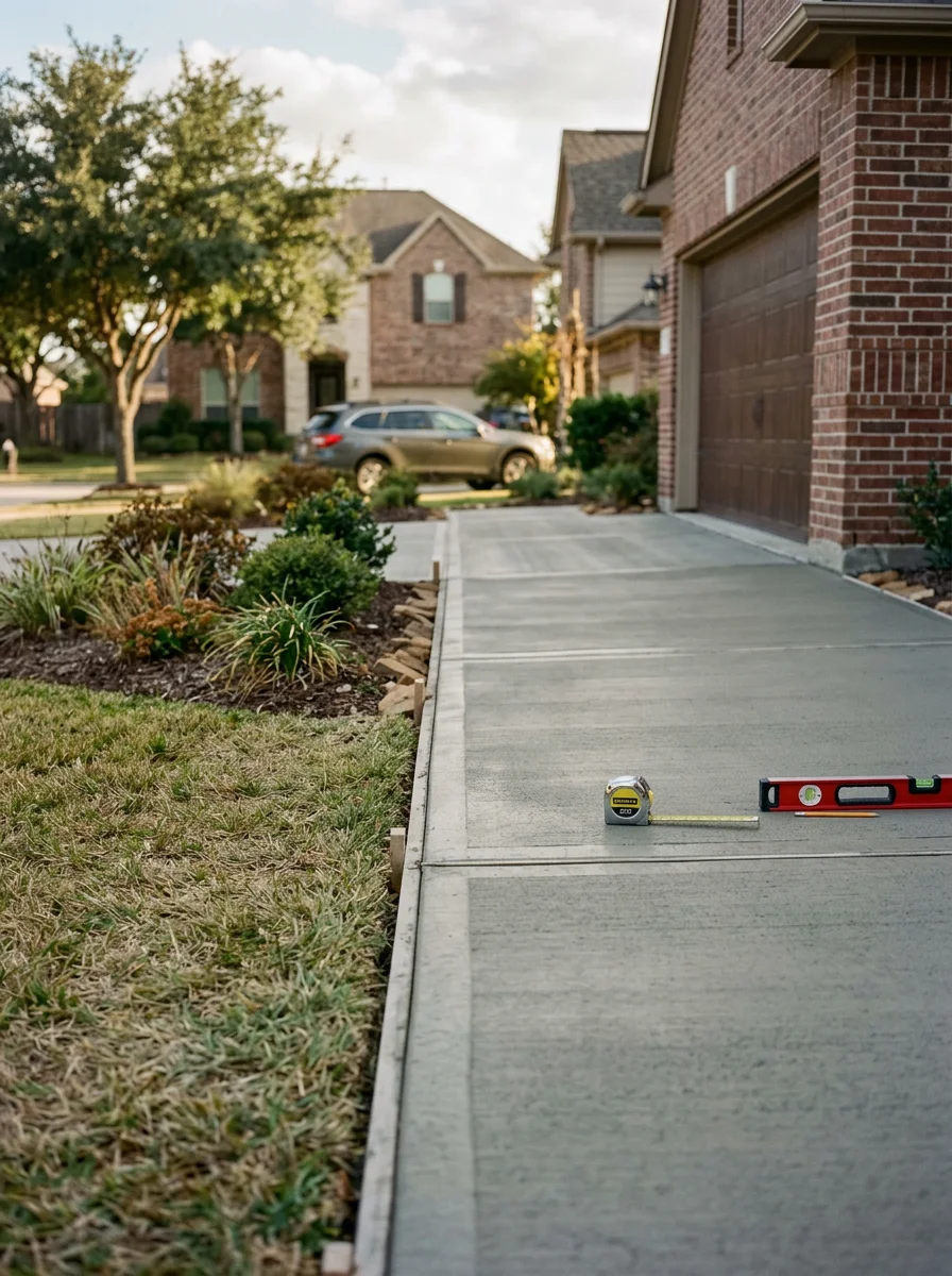 A freshly poured concrete driveway on a Katy Texas residential lot, showing clean edges and proper slope away from the garage foundation.