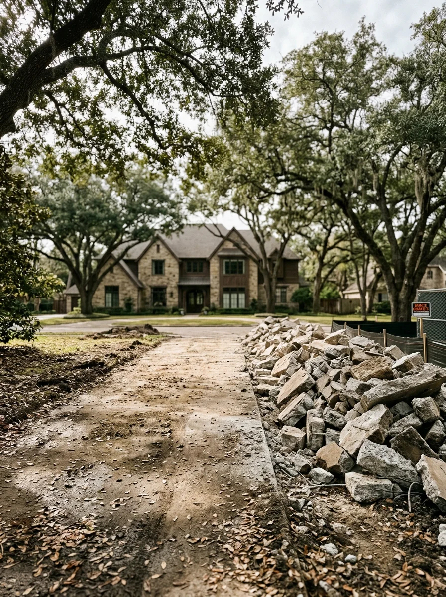 A concrete driveway replacement at a large-lot Memorial Corridor Houston home, with mature oak trees lining the property and the original cracked slab removed.