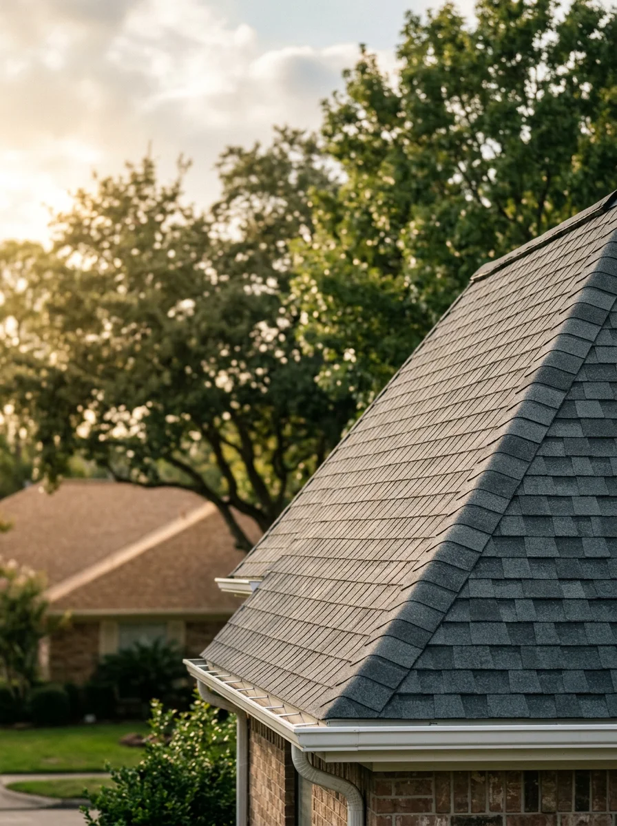 A new roof installation on a Missouri City Texas home in the Quail Valley neighborhood, showing fresh architectural shingles being laid on a single-story structure.