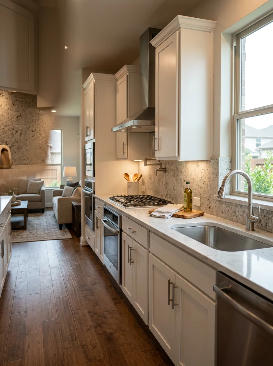 A kitchen remodel inside a Richmond Texas master-planned community home showing new shaker cabinetry and quartz countertops replacing original builder-grade finishes.