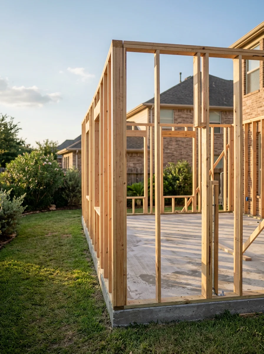 A sunroom addition under construction at a Sugar Land Texas home in Greatwood, showing the concrete slab poured and framing in progress with the existing brick home exterior in the background.