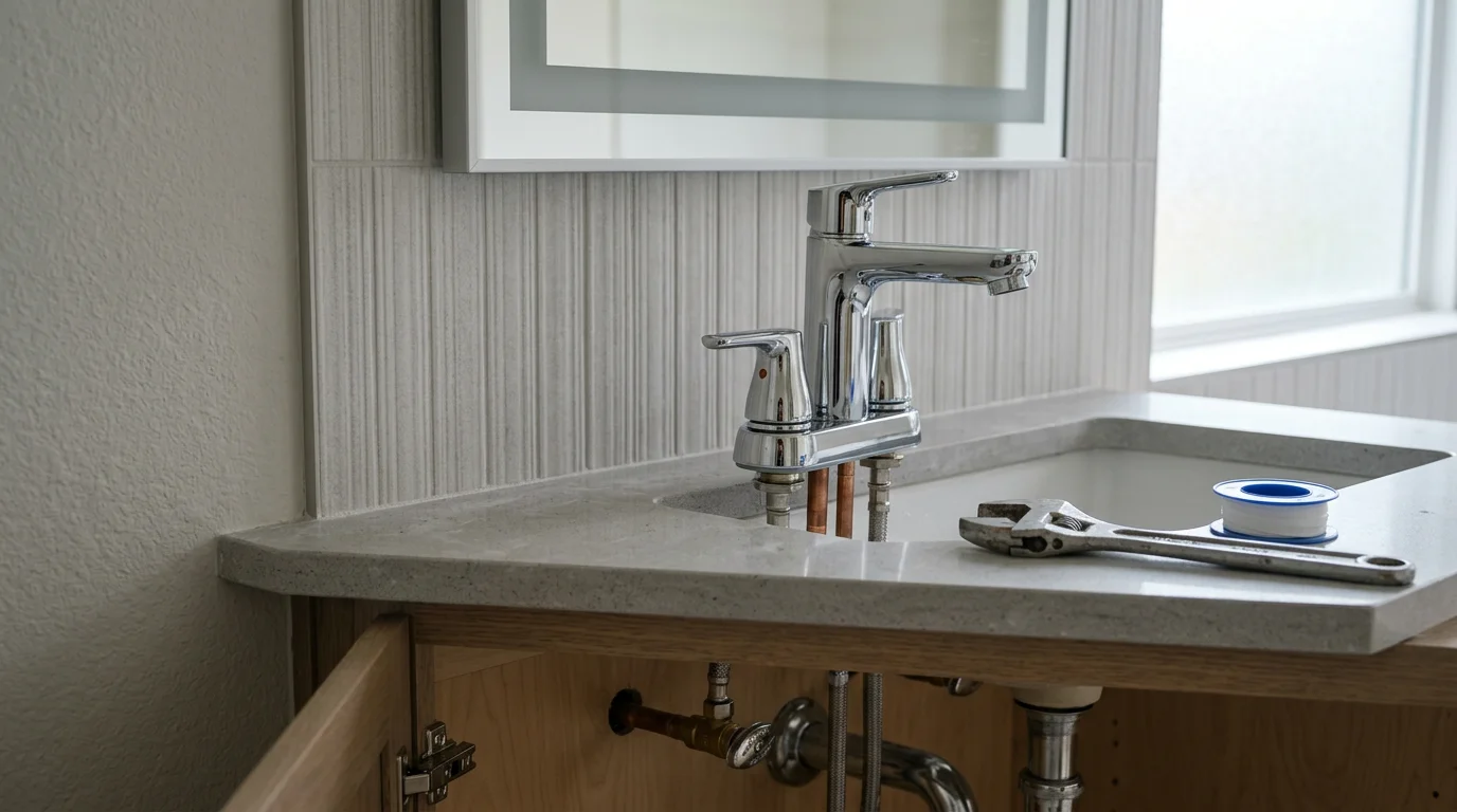 A newly installed bathroom vanity sink and faucet in a Down Town Houston townhome, showing clean supply line connections and a finished countertop surround. A matching toilet with a secure floor seal is visible in the background of the compact bathroom.