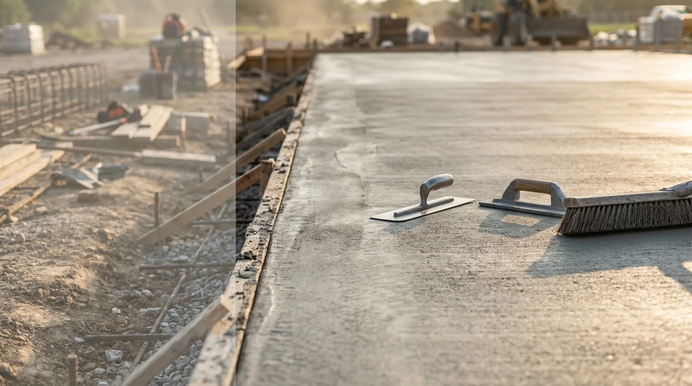 A freshly trowel-finished concrete slab in Down Town Houston showing a smooth, even surface with clean edges. The surrounding area reflects the urban residential character of the greater Houston service area.