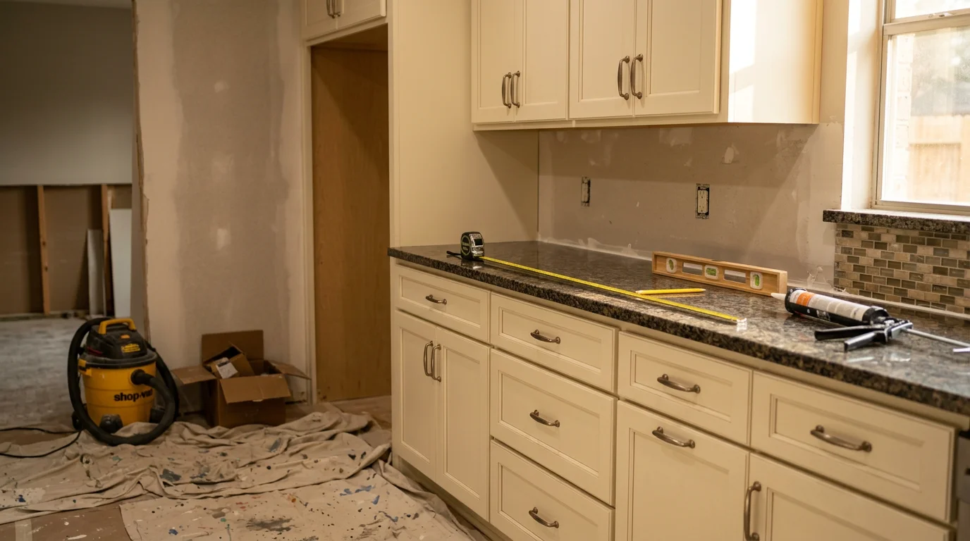 Newly installed custom kitchen cabinets in a Down Town Houston home, showing floor-to-ceiling wood cabinetry fitted to a narrow galley kitchen layout. The cabinets are fully secured and finished, with hardware installed and countertops in place.