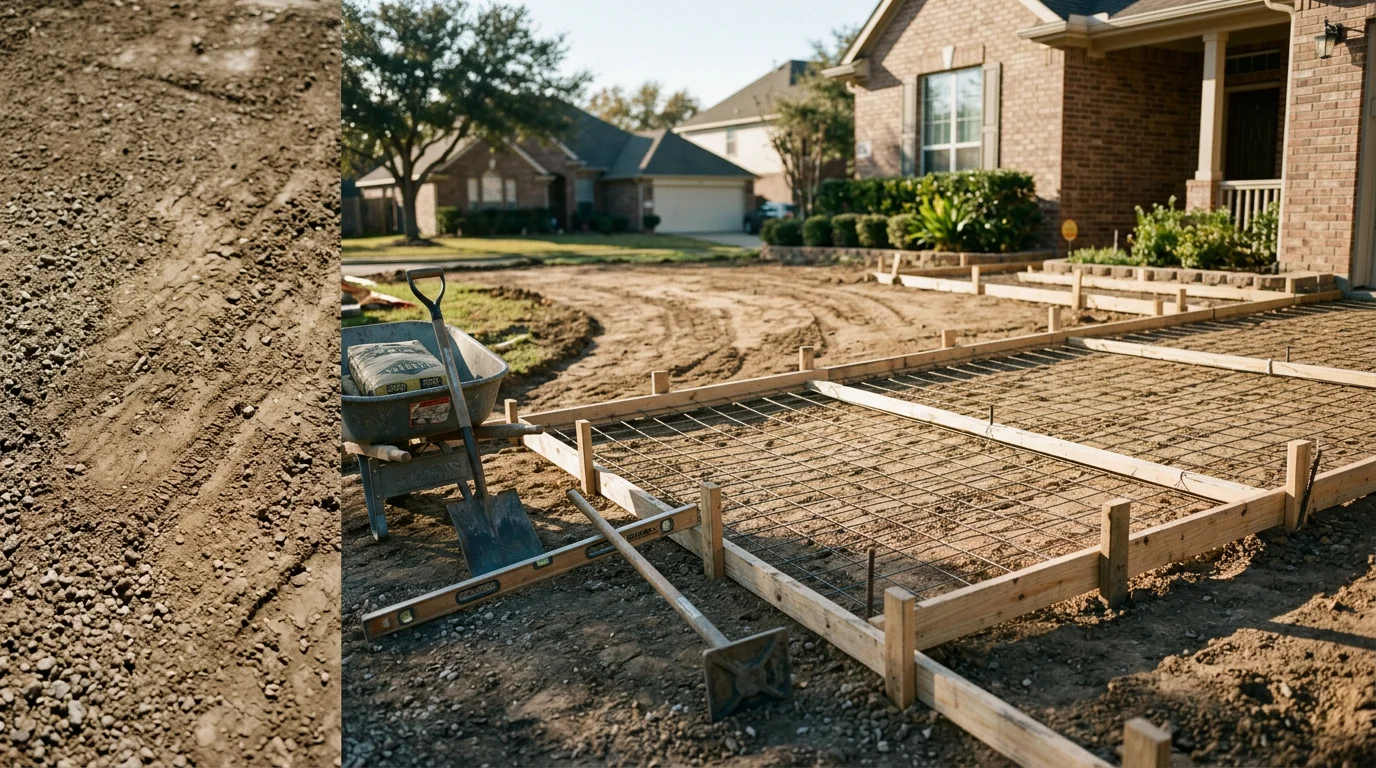 Freshly installed concrete driveway in front of a residential home in Down Town Houston, showing a smooth, broom-finished surface with clean edges and proper drainage slope. ABC Construction crew equipment visible in the background on a clear day.