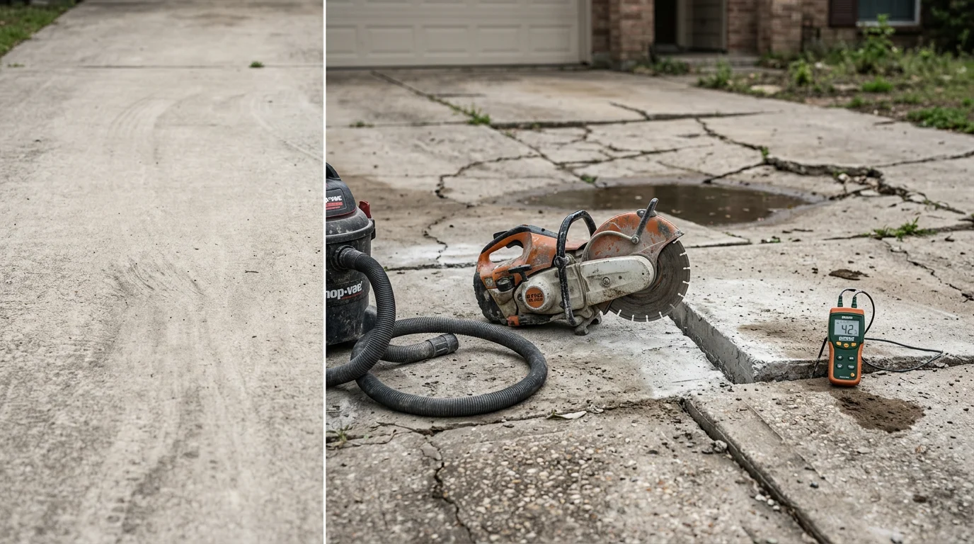 A freshly repaired concrete driveway in Down Town Houston showing a smooth, level surface with no visible cracks or sunken sections. An ABC Construction crew works in the background on a residential property typical of the greater Houston area.