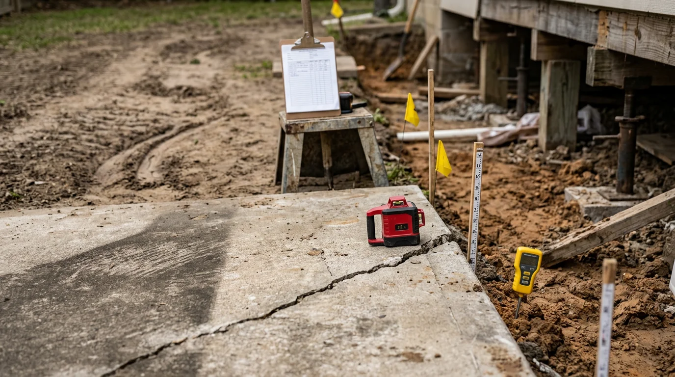 A concrete slab foundation in a Down Town Houston residential property showing repaired crack lines and stabilized edges. An ABC Construction crew member inspects the perimeter of the home against a backdrop of the surrounding neighborhood.