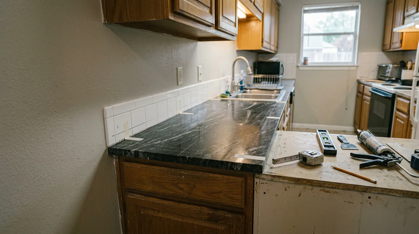 Freshly installed kitchen countertop in a Down Town Houston home, showing clean edge profiles and a fitted sink cutout against white cabinetry. ABC Construction crew completing countertop installation in a compact townhome kitchen layout.