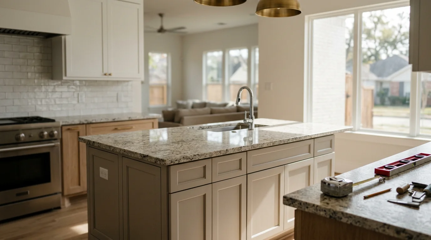 A newly installed custom kitchen island with a flat countertop and built-in base cabinets inside a Down Town Houston open-concept home. The island is centered in the kitchen with clear walkway space on all sides.