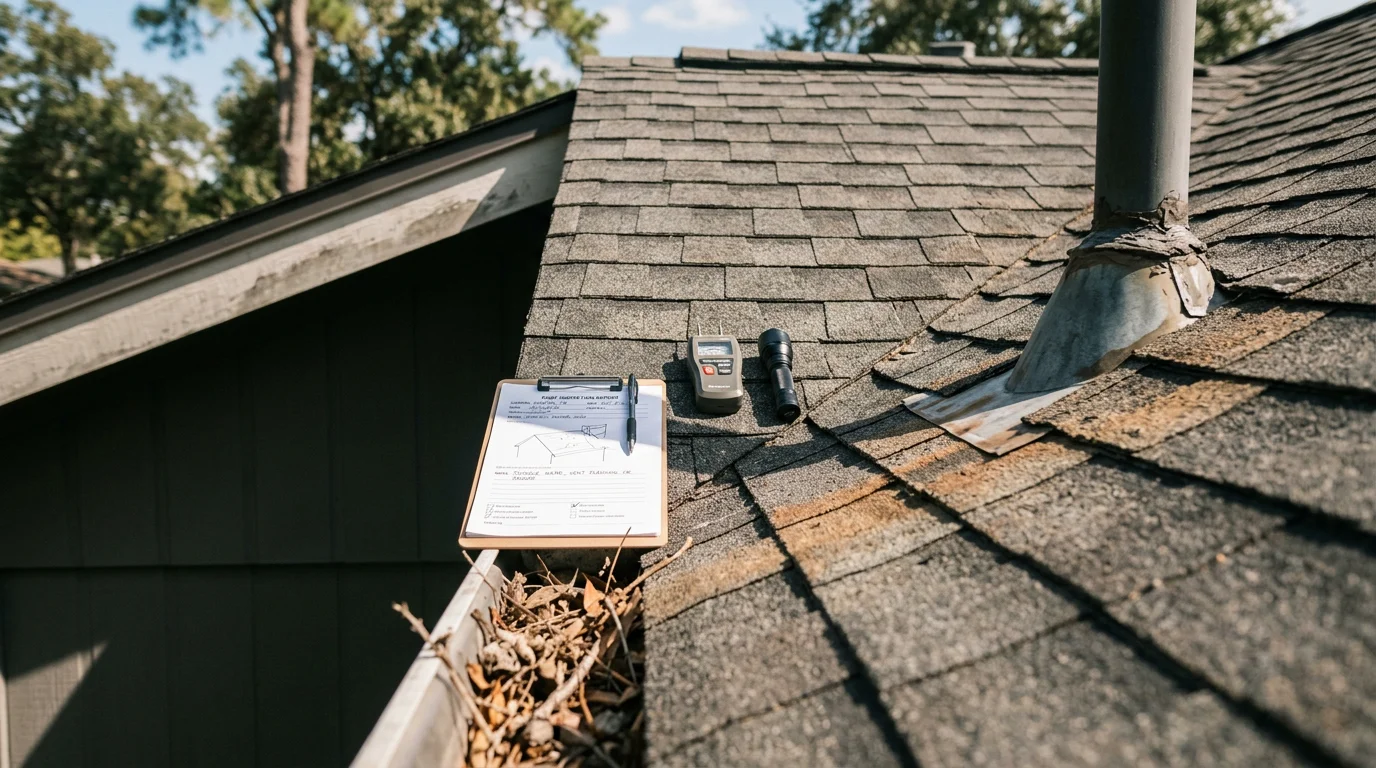 An ABC Construction roofing crew member inspecting shingles and flashing on a residential roof in Down Town Houston. The inspector examines the roof surface up close against a backdrop of the Houston skyline.