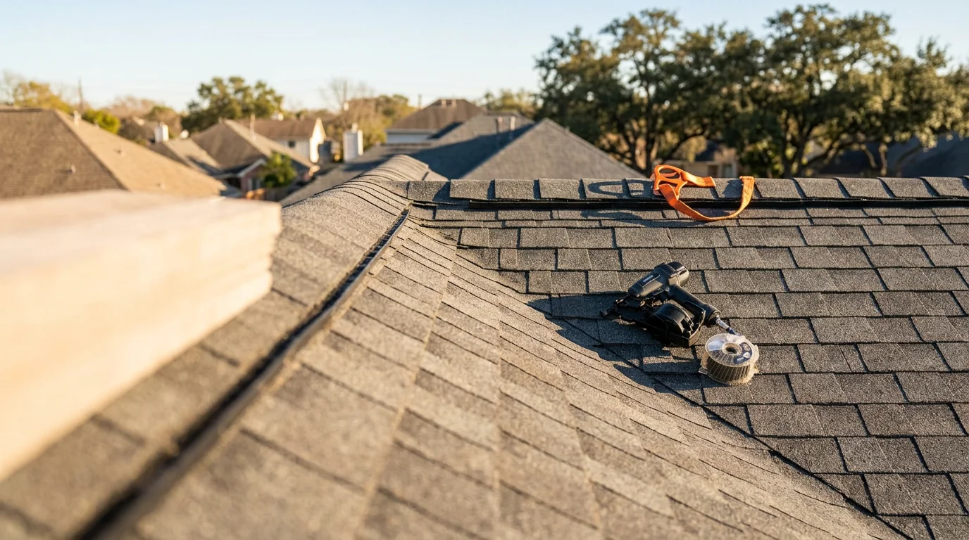A newly installed residential roof on a Down Town Houston home, showing clean roofing lines and fresh materials against a clear Texas sky. An ABC Construction crew works in the background completing the final installation details.