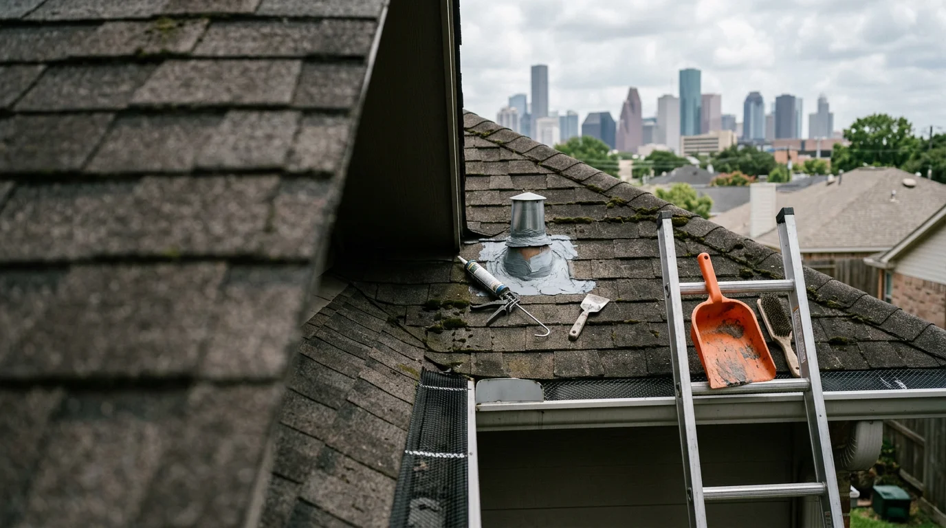 ABC Construction crew member inspecting roof flashing and gutters on a residential property in Down Town Houston. Close-up view of cleared gutters and sealed roof penetrations on a maintained home roof.
