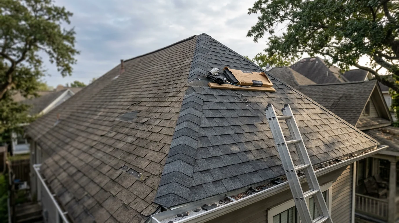 A roofing crew from ABC Construction repairing storm-damaged shingles on a residential home in Down Town Houston. Close-up view of repaired roof sections with replaced shingles and sealed flashing against a clear Texas sky.