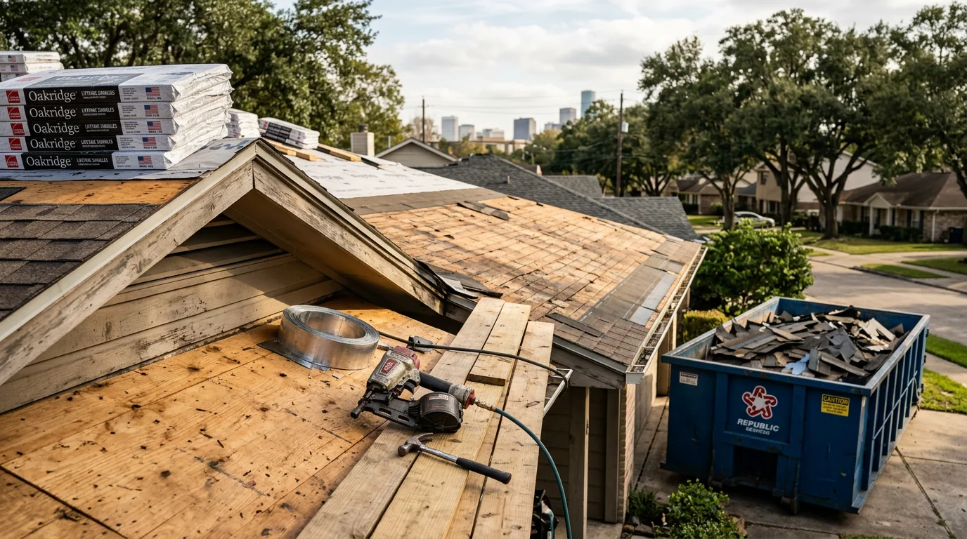 A newly completed roof replacement on a residential property in Down Town Houston, showing clean rooflines and fresh roofing material against the city skyline. ABC Construction crew equipment is visible on the ground below the finished structure.