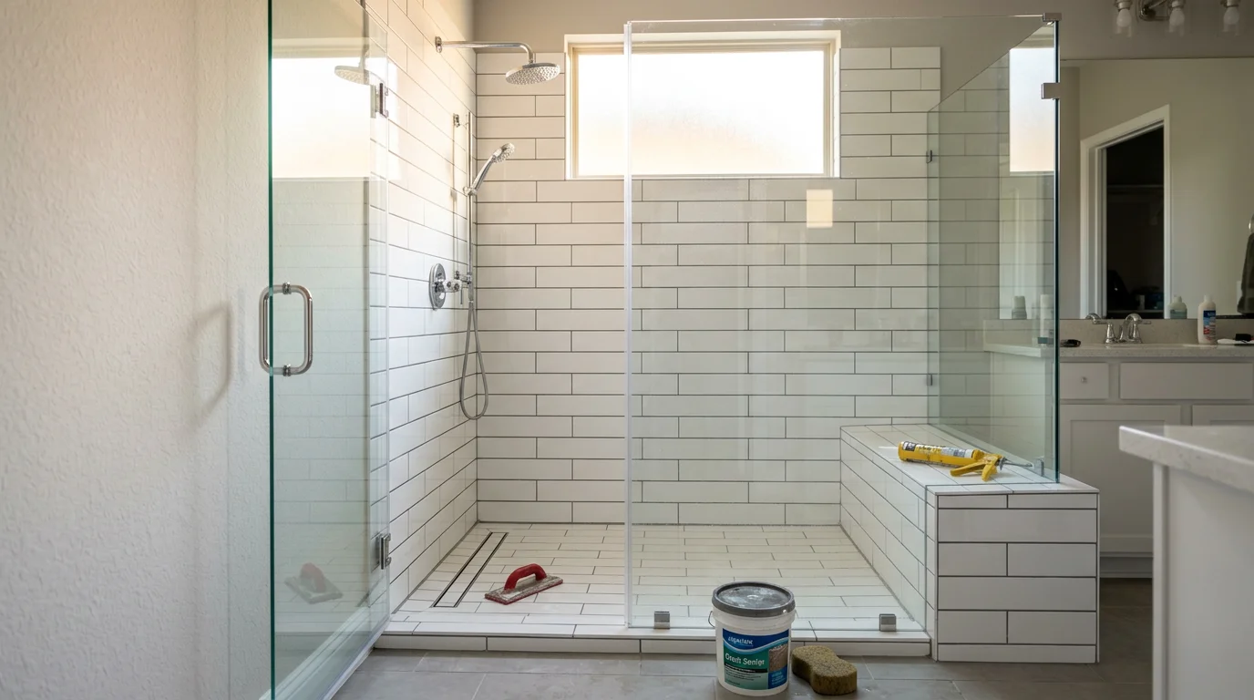 A newly installed shower in a Down Town Houston home, showing clean wall surrounds, a finished shower pan, and clear glass enclosure. The bathroom reflects a completed installation ready for daily use.