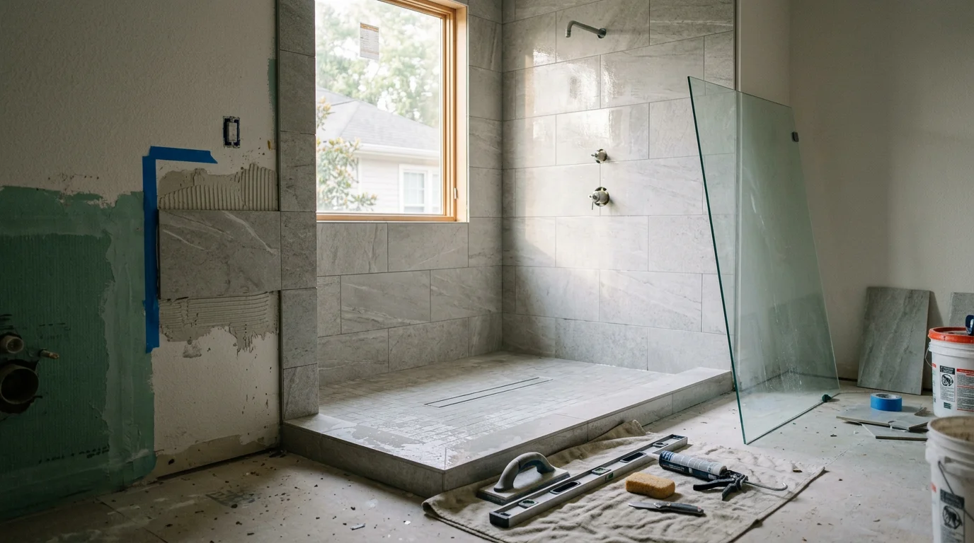 A finished walk-in shower installation in a Downtown Houston home, showing a curbless entry, tiled surround, and open layout. The bathroom reflects a clean, modern design suited to the proportions of an older Houston-area property.