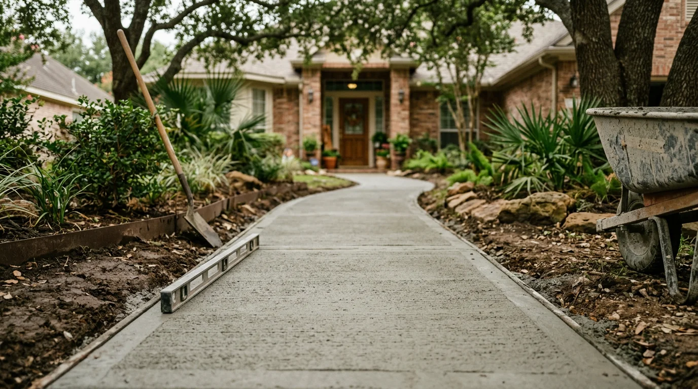 Freshly poured and finished concrete walkway leading from a residential driveway to a front entry in Downtown Houston. The surface shows a clean broom finish with straight formed edges and a slight slope for drainage.